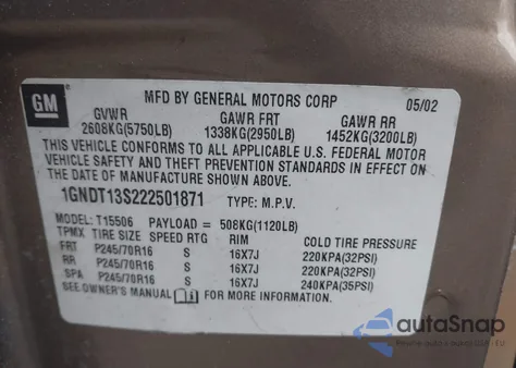 2002 Chevrolet Trailblazer Ls из США, поврежденный, VIN 1GNDT13S222501871